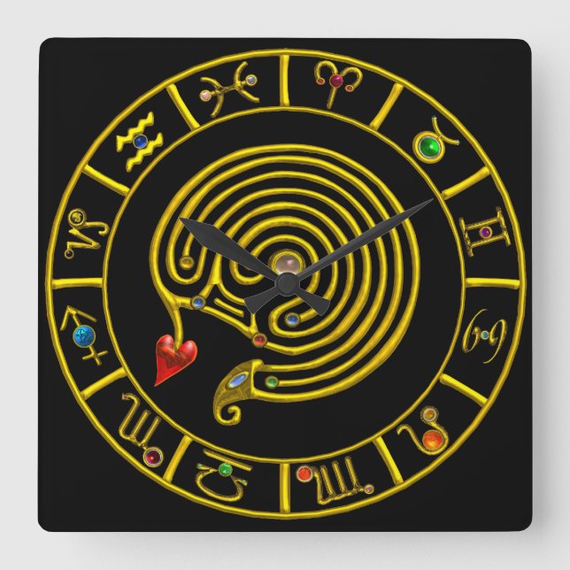 ASTRAL LABYRINTH GOLD ZODIAC CHART Astrologie Quadratische Wanduhr (Vorderseite)