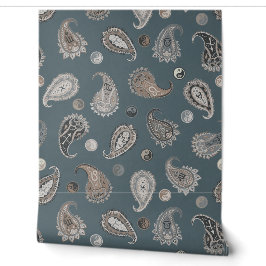  Astro Paisley & Yin Yang Dots Blue Beige Grey  Tapete
