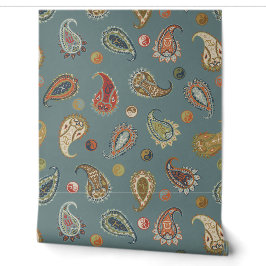 Astro Paisley & Yin Yang Dots Blue Orange Olive Tapete