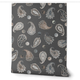  Astro Paisley & Yin Yang Dots Dark Grey Beige  Tapete