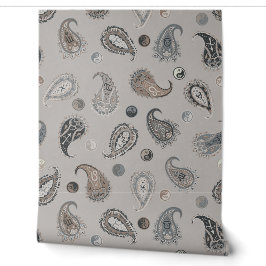  Astro Paisley & Yin Yang Dots Grey Blue Beige  Tapete