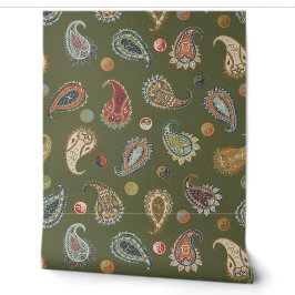 Astro Paisley & Yin Yang Dots Olive Red Orange Tapete