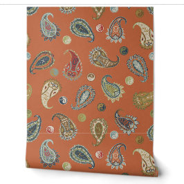 Astro Paisley & Yin Yang Dots Orange Olive Cobalt Tapete