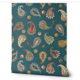  Astro Paisley & Yin Yang Dots Teal Orange Olive Tapete