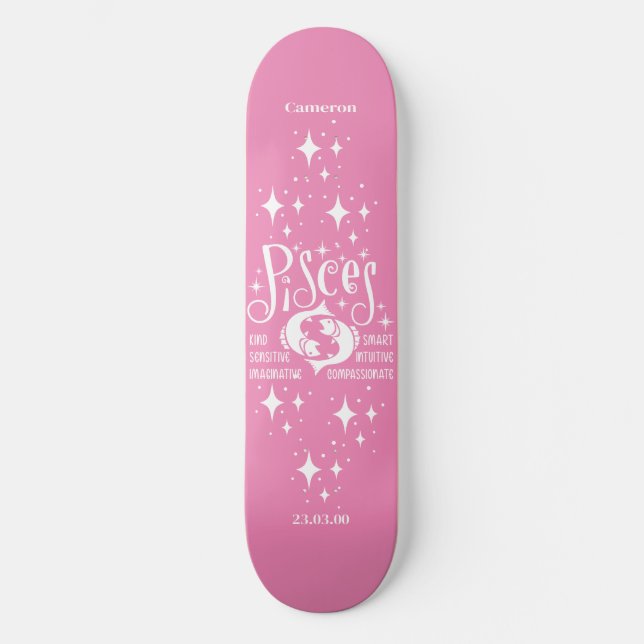 Astrologie Rosa Skateboard mit Pisces-Symbol (Vorderseite)