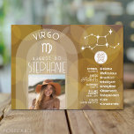 Astrologie Virgo Zodiac Signage Foto Custom Geburt Postkarte<br><div class="desc">Personalisieren Sie diese Zodiakarte mit Foto, Geburtsdatum und Namen. Ein individuelles Geburtstagsdesign mit dem Tierkreiszeichen - Virgo - plus Persönlichkeitsmerkmalen, Informationen und Konstellation. Eine warme, braune Farbe, die Virgo zugeordnet ist, ist das Hauptdesign hinter allen Zodiac-Details. Ein tolles Geschenk für einen Freund oder einfach nur "Sie" feiern! Virgo ist das...</div>
