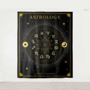 Astrologie Zodiac Kalender - Schwarz Wandteppich