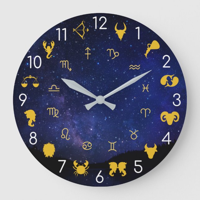 Astrologie Zodiac Symbole Blau und Gold Celestial Große Wanduhr (Vorderseite)