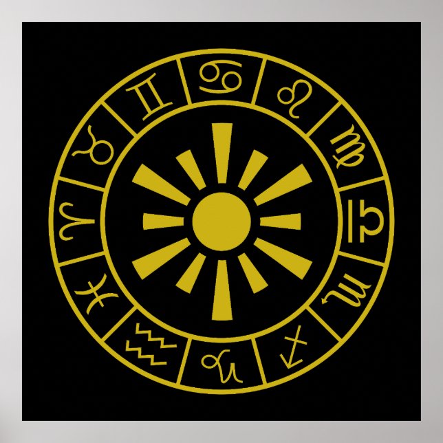 Astrologische Zodiakische Symbole Wheel+Sun Gold Poster (Vorne)