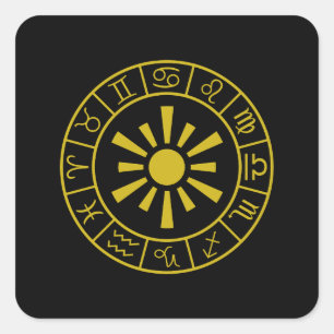 Astrologische Zodiakische Symbole Wheel+Sun Gold Quadratischer Aufkleber