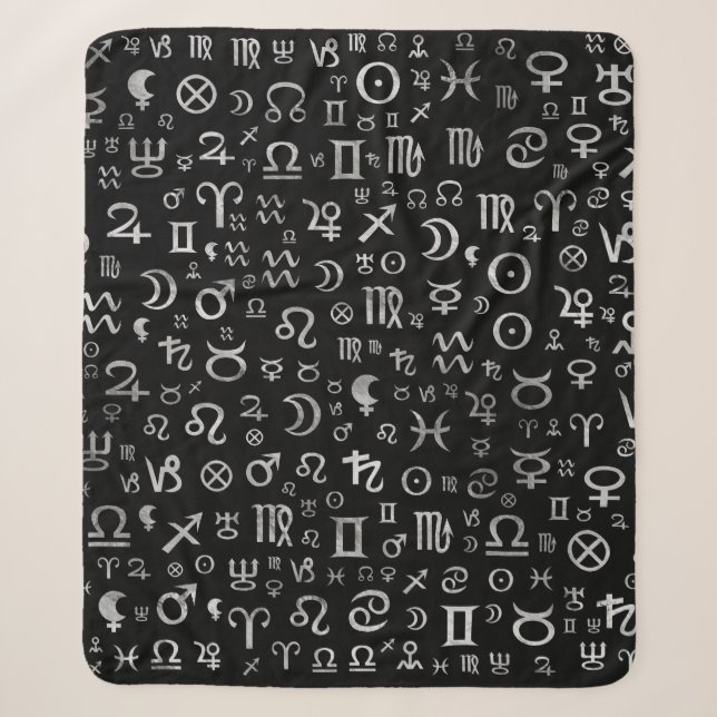 Astrologisches Symbole Glyphs Silber auf Schwarzem Sherpadecke (Vorderseite)