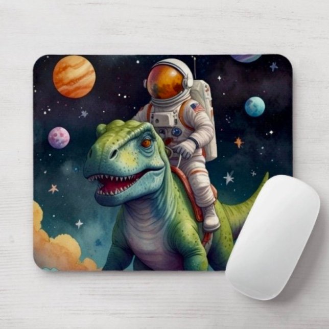 Astronaut auf Dino im Weltraum Mousepad (Von Creator hochgeladen)