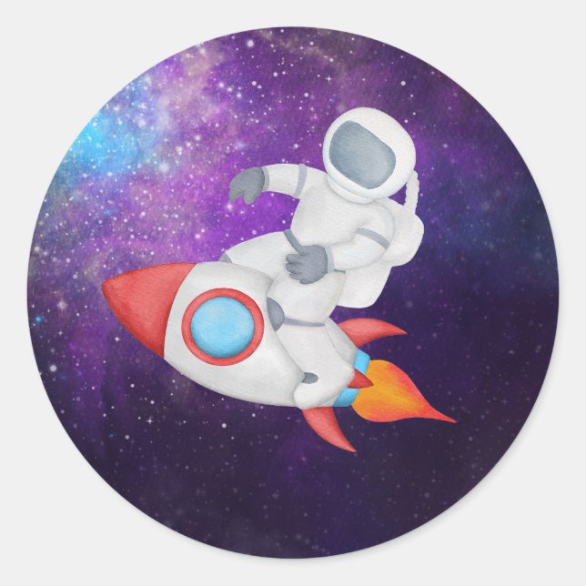 Astronaut auf Rakete Runder Aufkleber (Vorderseite)