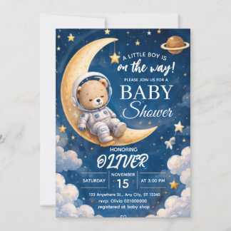 Astronaut-Baby-Shower-Einladung Junge Weltraum-Bär Einladung