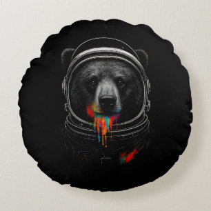 Astronaut Bär mit Neonfarbe tropft Kosmisches Tier Rundes Kissen