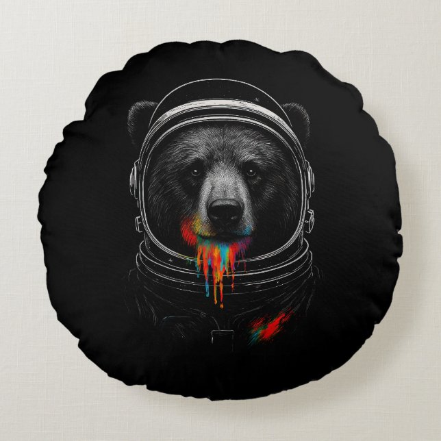 Astronaut Bear with Neon Paint Drips Cosmic Animal Rundes Kissen (Vorderseite)
