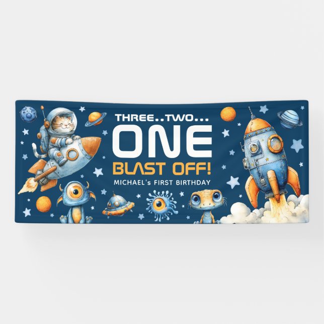 Astronaut Cat Outer Space Blast Off 1st Birthday Banner (Horizontal)