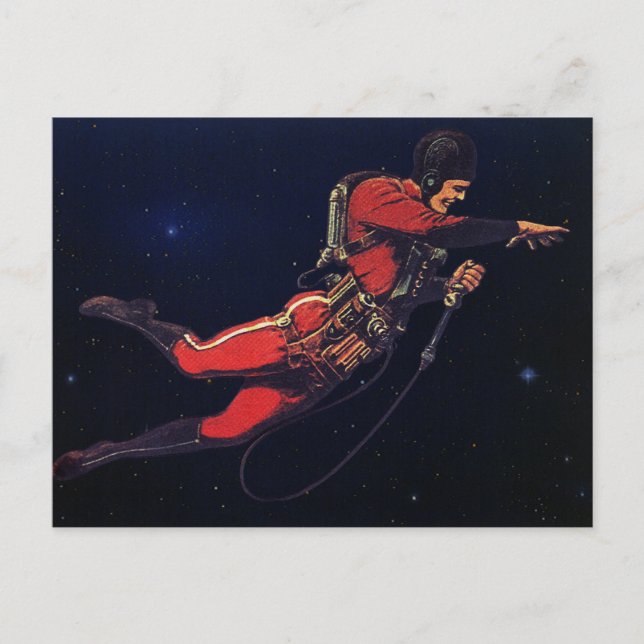 Astronaut der Vintagen Science Fiction im Weltraum Postkarte (Vorderseite)