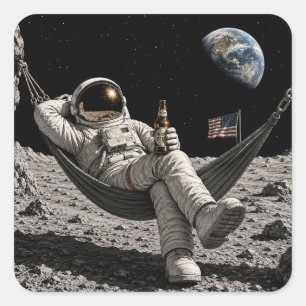 Astronaut entspannt mit Bier auf dem Mond Quadratischer Aufkleber