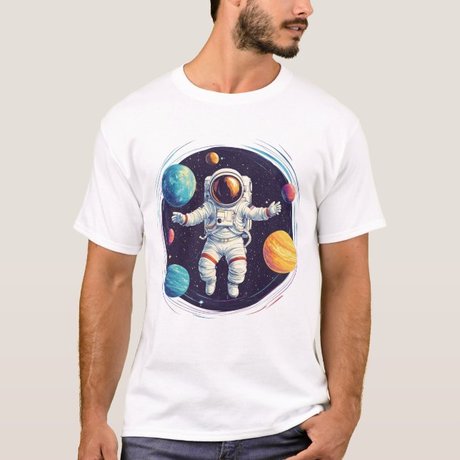 Astronaut erforscht farbiges Sonnensystem T-Shirt (Vorderseite)