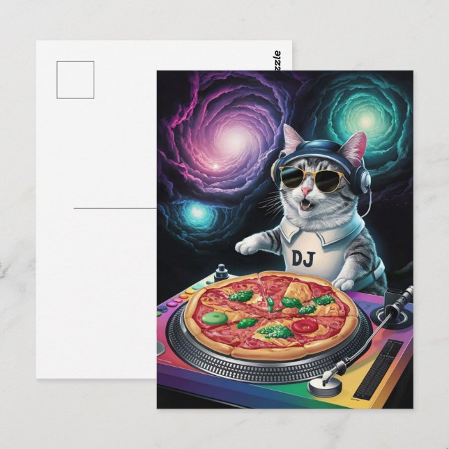 Astronaut Galaxy Planet Space Dj Cat Pizza Kitty   Postkarte (Vorne/Hinten)