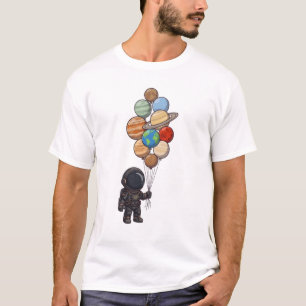 Astronaut hält Luftballons in Form von Planeten de T-Shirt