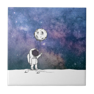 Astronaut im Weltraum mit Mondballon Kosmos Sterne Fliese