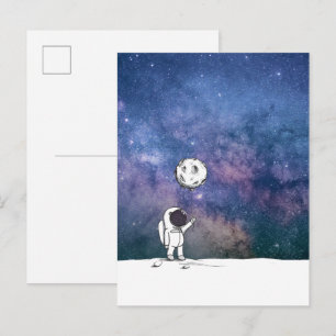 Astronaut im Weltraum mit Mondballon Kosmos Sterne Postkarte