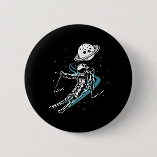 Astronaut im Weltraum mit Ski Lustiges Skifahren  Button
