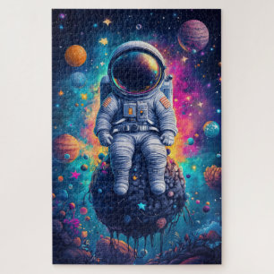 Astronaut in farbenfroher Weltraumszene