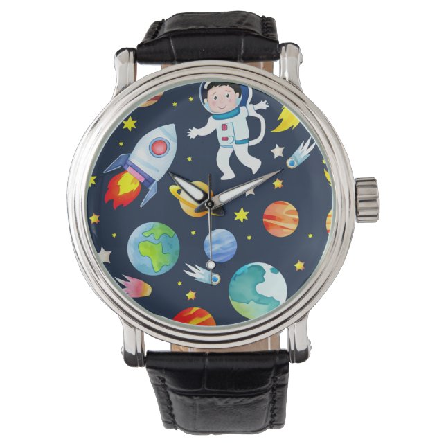 Astronaut in Raumplanern und Raketenmustern Armbanduhr (Vorderseite)
