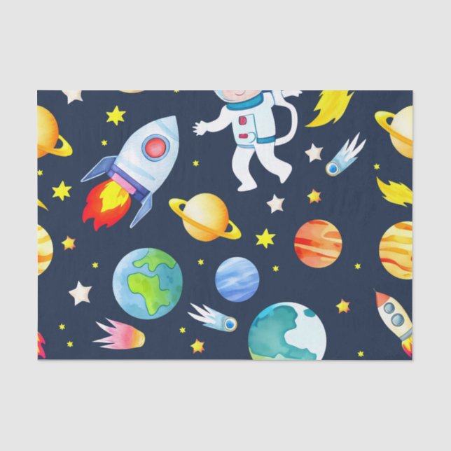 Astronaut in Raumplanern und Raketenmustern Seidenpapier (Vorderseite)