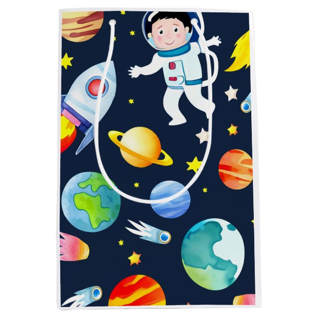 Astronaut in Space Planets and Rockets Pattern Mittlere Geschenktüte (Vorderseite)