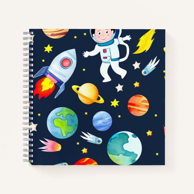 Astronaut in Space Planets and Rockets Pattern Notizbuch (Vorderseite)