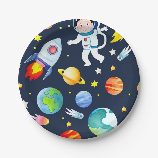 Astronaut in Space Planets and Rockets Pattern Pappteller (Vorderseite)