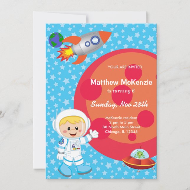 Astronaut-Junge Geburtstag Thema Einladung (Vorderseite)