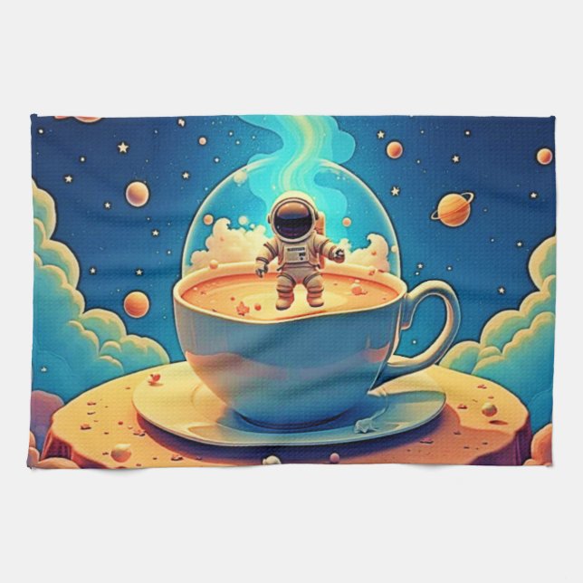 Astronaut Kaffee Weltraum Kunst Geschirrtuch (Horizontal)