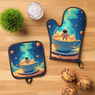 Astronaut Kaffee Weltraum Kunst Ofenhandschuh & Topflappen-Set