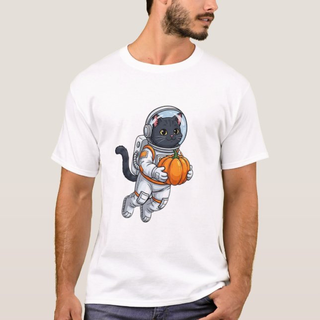 Astronaut Katzen mit Kürbis T-Shirt (Vorderseite)