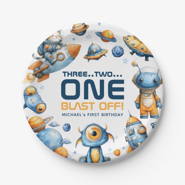Astronaut Katzen Weltraum-Explosion 1. Geburtstag Pappteller (Vorderseite)