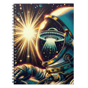 Astronaut mit einem Spiegelbild eines UFO Notizblock