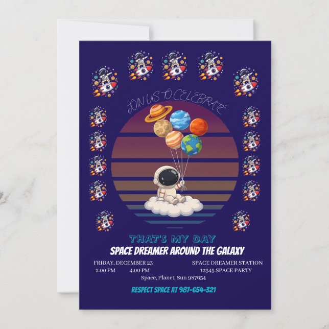 Astronaut mit Planetenballons Einladung (Vorderseite)