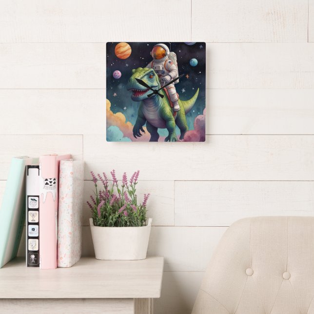 Astronaut on Dino in Space Quadratische Wanduhr (Lesesaal)