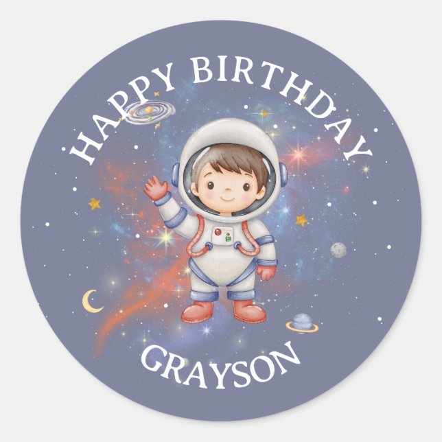 Astronaut Outer Space Boy Birthday Runder Aufkleber (Vorderseite)