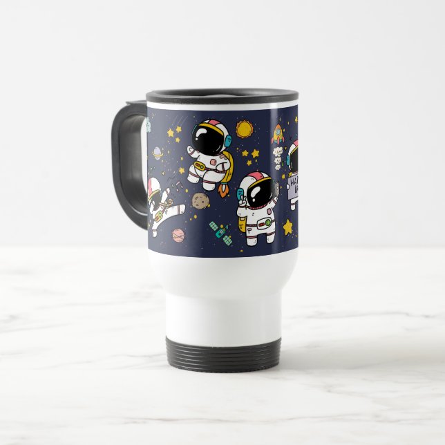 Astronaut Outer Space Cartoon Reisebecher (Vorderseite Links)