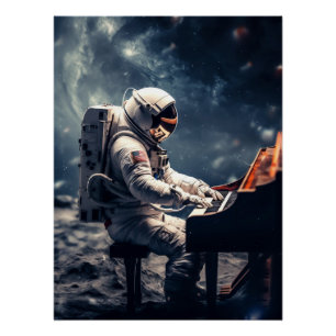 Astronaut Piano auf dem Mond spielen Poster