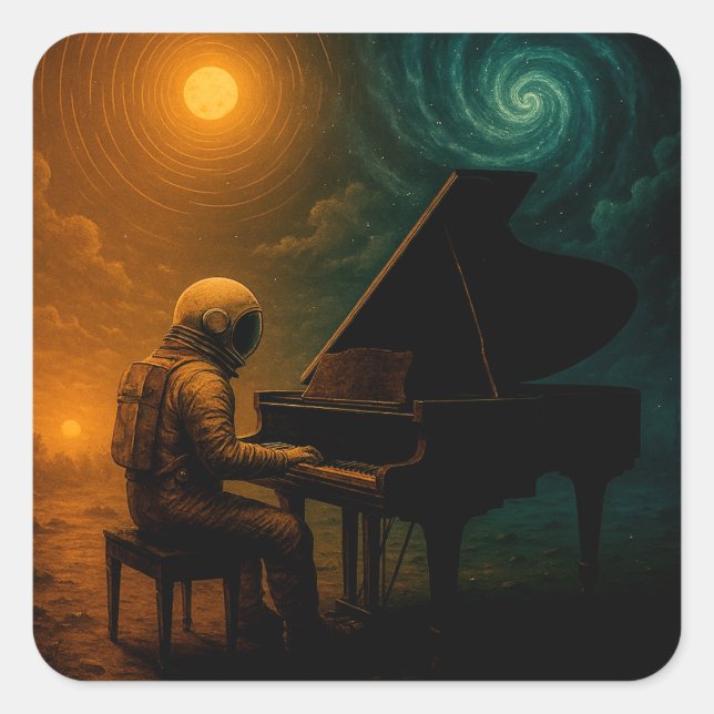 Astronaut Piano in Split Realität - Surreal Quadratischer Aufkleber (Vorderseite)