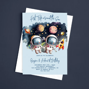 Astronaut Planets Twin Boys 1. Geburtstag Einladung