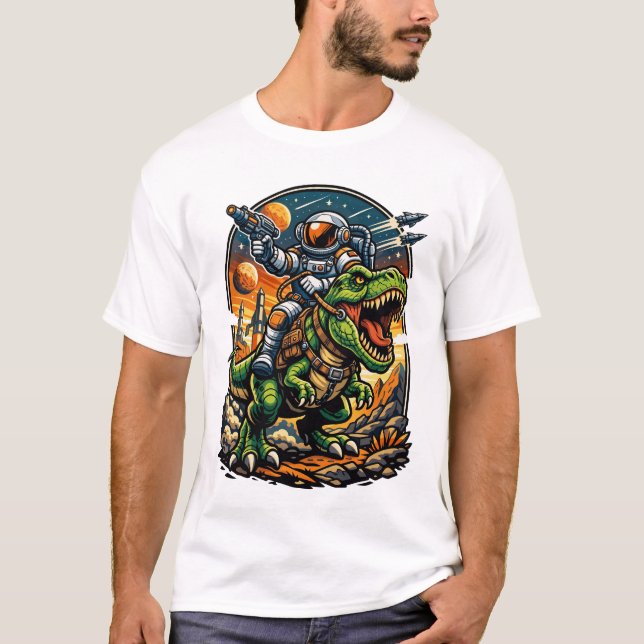 Astronaut Riding a T-Rex – Epic Space Dinosaur T-Shirt (Vorderseite)