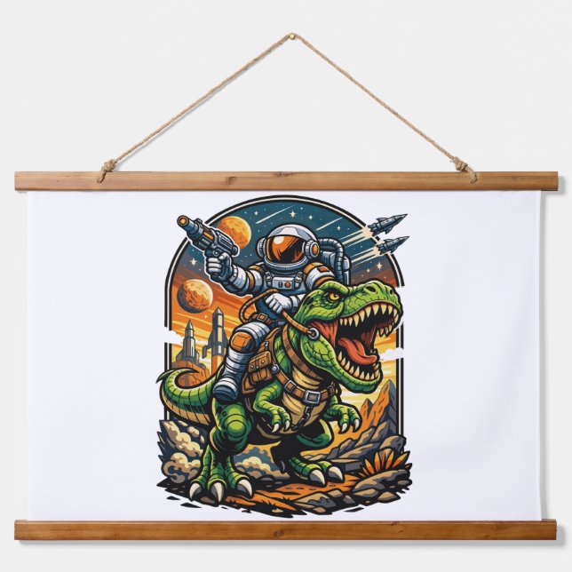 Astronaut Riding a T-Rex – Epic Space Dinosaur Wandteppich Mit Holzrahmen (Vorne)